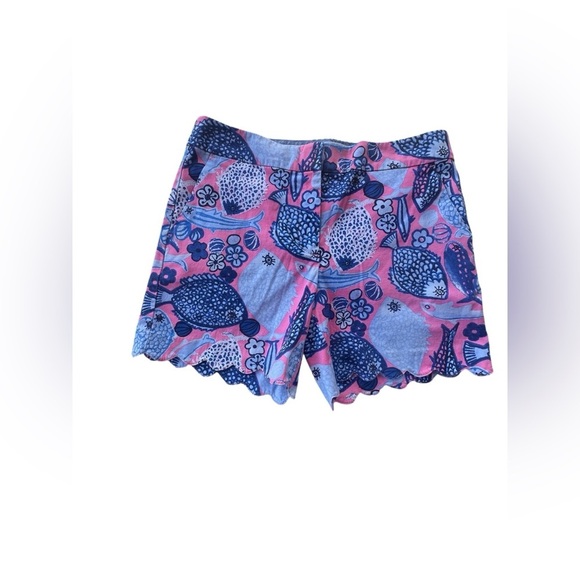 Talbots Shorts Womens Sz 6 Pink Blue Fish Scalloped Hem Cotton Beach Nautical - Picture 2 of 7